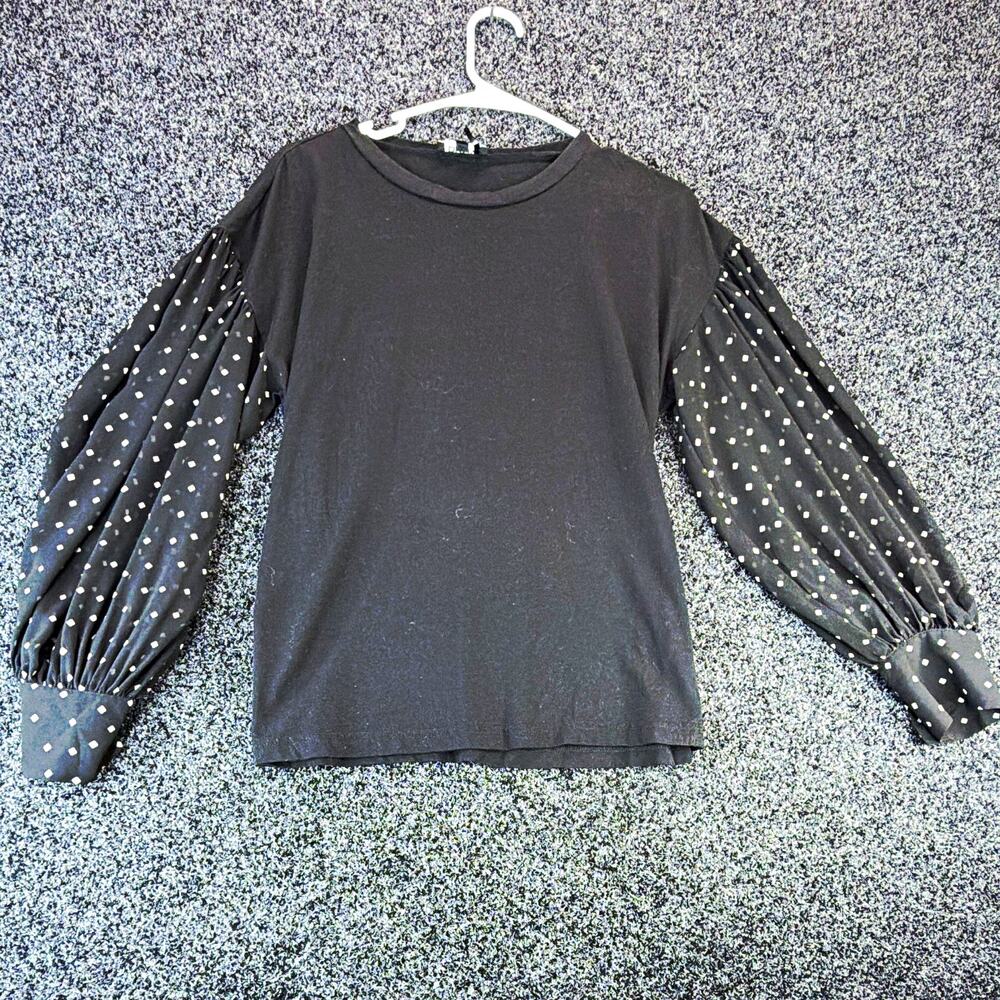 DKNY Women's Black White Polka Dot Knit Crew Neck Puff Sleeve Top Size M